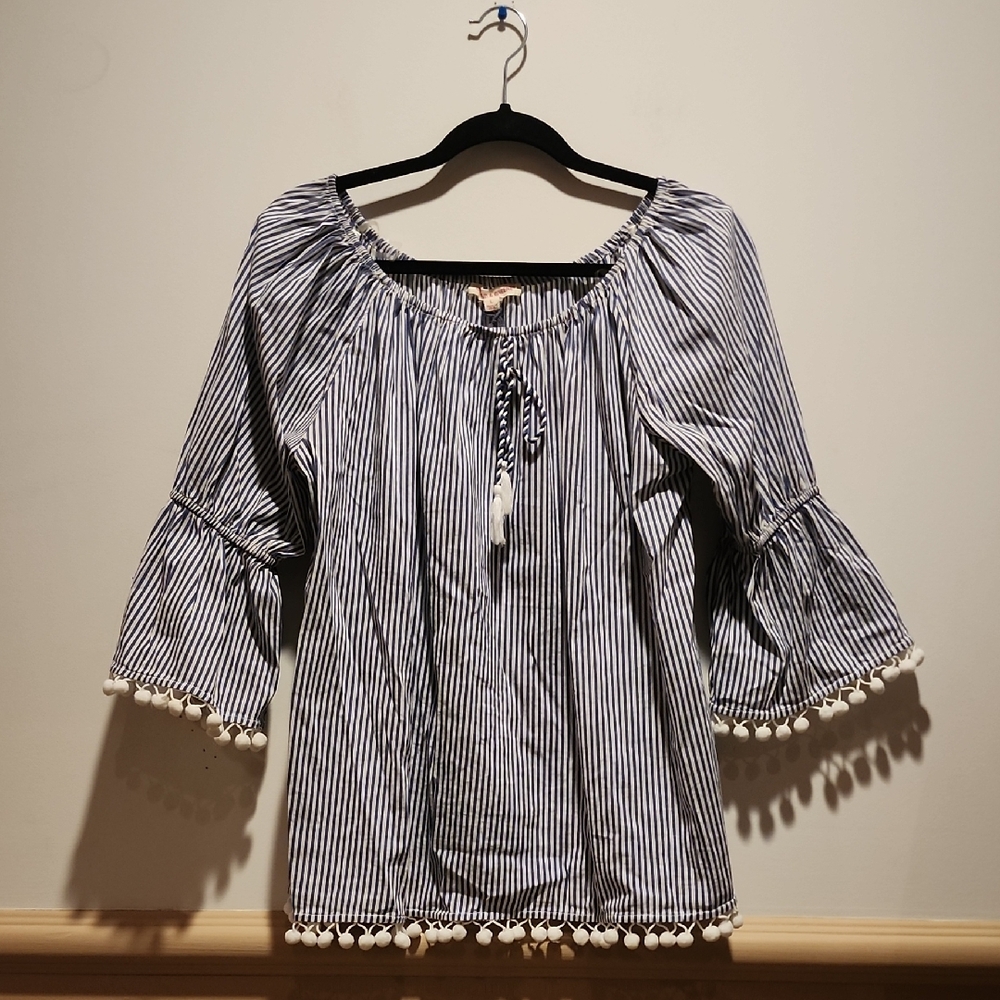 Grand & Greene Navy Striped Blouse with White Pom-Poms